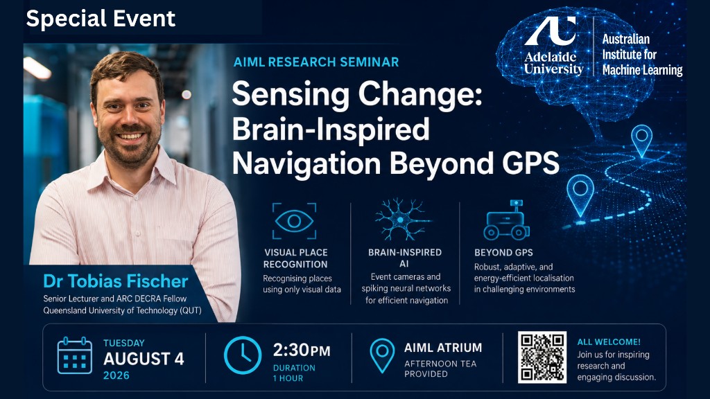 AIML Research Seminar poster — Sensing Change: Brain-Inspired Navigation Beyond GPS, Tuesday 4 August 2:30pm, AIML Atrium. Speaker Dr Tobias Fischer, QUT.