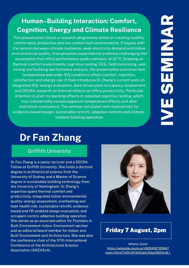 IVE Seminar poster — Human–Building Interaction: Comfort, Cognition, Energy and Climate Resilience, Friday 7 August 2pm, Zoom. Speaker Dr Fan Zhang, Griffith University.