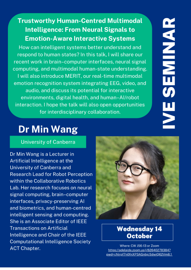 IVE Seminar poster — Trustworthy Human-Centred Multimodal Intelligence, Wednesday 14 October. Speaker Dr Min Wang, University of Canberra.
